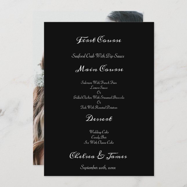 Black Elegant Photo Calligraphy Script Wedding  Menu (Front/Back)