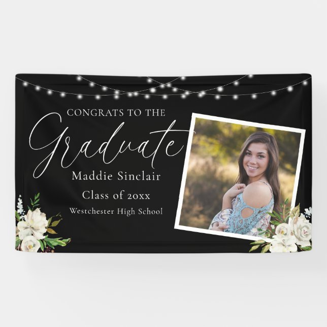 Black Elegant Photo Floral Graduation Banner (Horizontal)