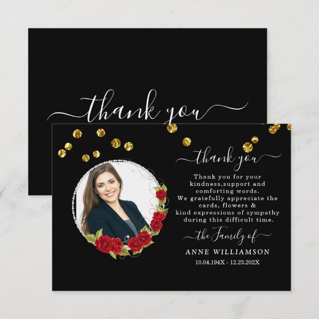 Black Elegant Red Floral Funeral Thank You Card (Front/Back)