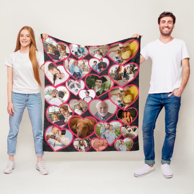 Black Elegant Red Heart | Family Photo Collage Fleece Blanket (In Situ)