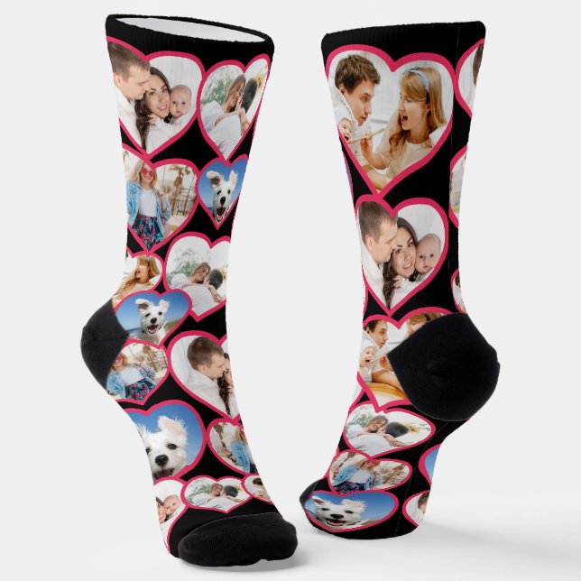 Black Elegant Red Heart Pattern | 5 Photo Collage Socks (Angled)