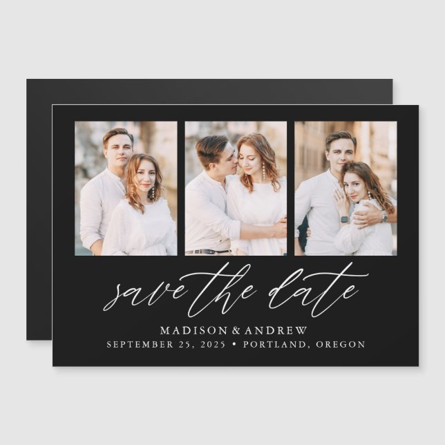 Black Elegant Script 3 Photo Collage Save the Date Magnetic Invitation (Front/Back)