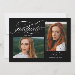 Black Elegant Script 3 Photo Graduation Party Invitation