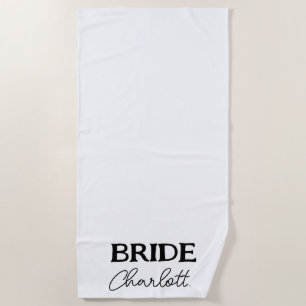 Black Elegant Script Bride White Beach Towel