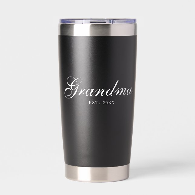 Black Elegant Script Established Grandma Insulated Tumbler (Front)
