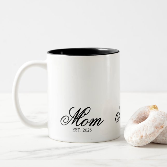 Black Elegant Script Established Mum Two-Tone Coffee Mug (With Donut)