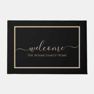 black Elegant Script Family Name Welcome Doormat