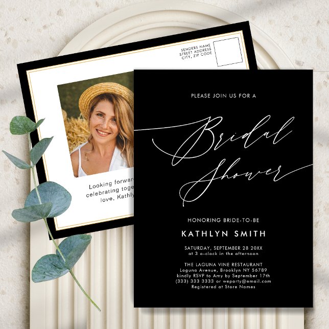 Black Elegant Script Minimalist Chic Bridal Shower Invitation Postcard (Creator Uploaded)
