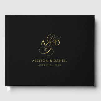 Black Elegant Script Monogram Classic Wedding Guest Book