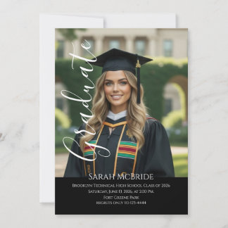 Black Elegant script simple one photo graduation Invitation