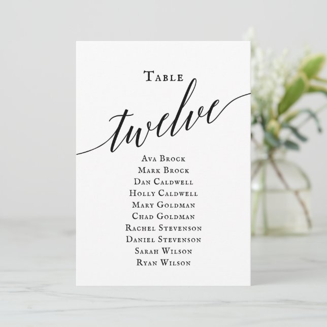 Black Elegant Script Table Number 12 Seating Chart (Standing Front)