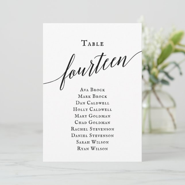 Black Elegant Script Table Number 14 Seating Chart (Standing Front)