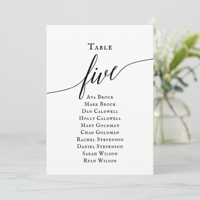 Black Elegant Script Table Number 5 Seating Chart (Standing Front)