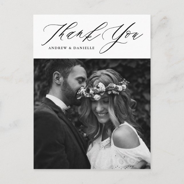Black Elegant Script Vertical Wedding Thank You Postcard (Front)
