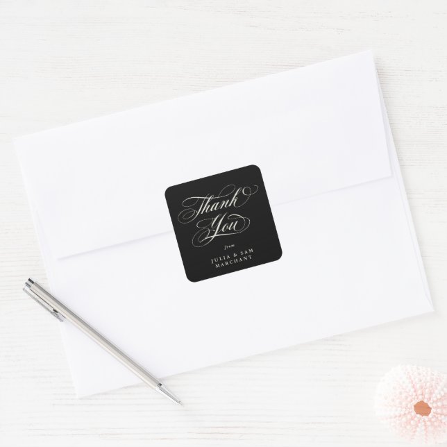 Black Elegant Script Wedding Thank You Square Sticker (Envelope)