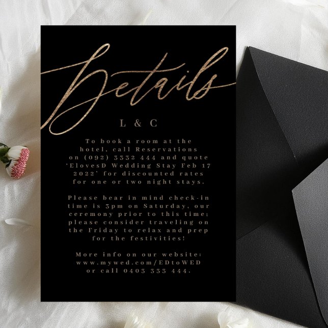 Black Elegant Simple Gold Wedding Details Card (Creator Uploaded)