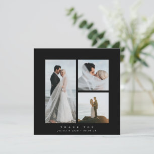 Black Elegant Square Three Photo Wedding Thank You Card