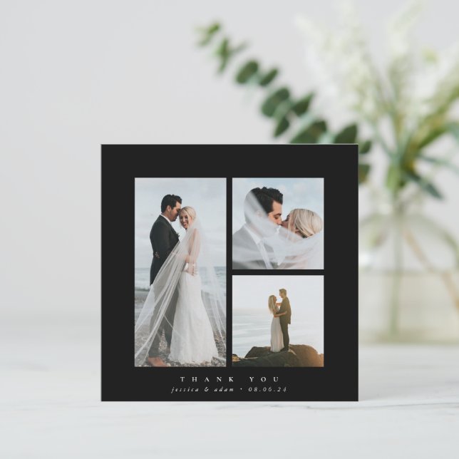 Black Elegant Square Three Photo Wedding Thank You Card (Standing Front)