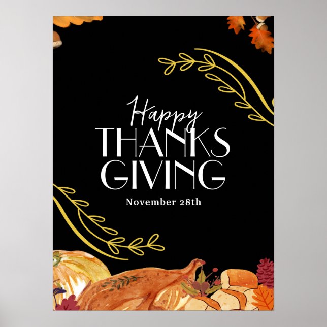 Black Elegant Thanksgiving dinner party Printable Poster (Front)