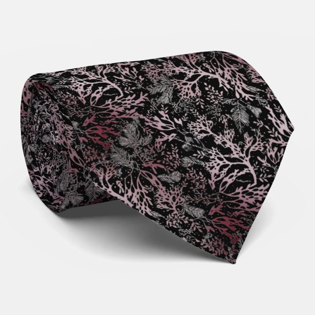 Black, elegant tie with coral and pink leaves (Rolled)