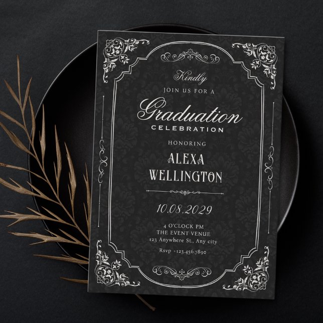 Black elegant victorian graduation invitation (Creator Uploaded)