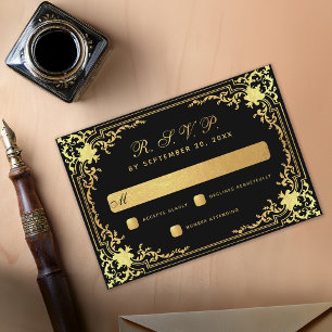 Black Elegant Vintage Faux Gold Foil Wedding RSVP Card