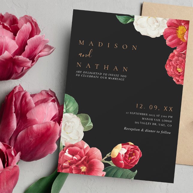Black Elegant Vintage Floral Wedding Invitation (Creator Uploaded)