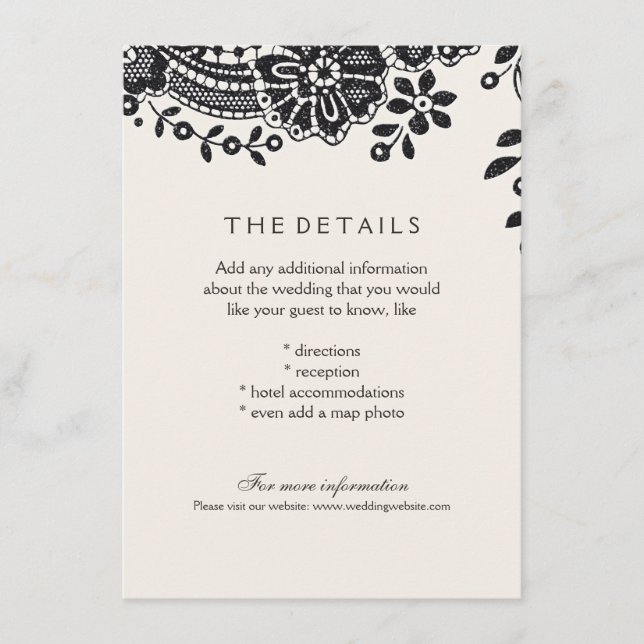 Black elegant vintage lace wedding details card (Front)