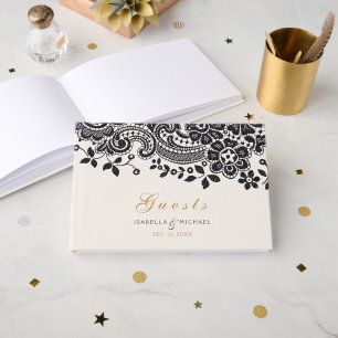 Black elegant vintage lace wedding guest book