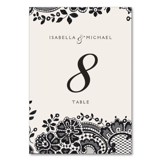 Black elegant vintage lace wedding table card (Front)