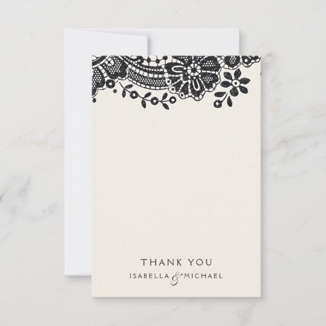 Black elegant vintage lace wedding thank you card (Front)