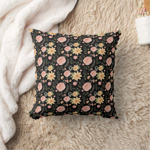 Black Elegant Vintage Wildflower Rose Pattern Cushion