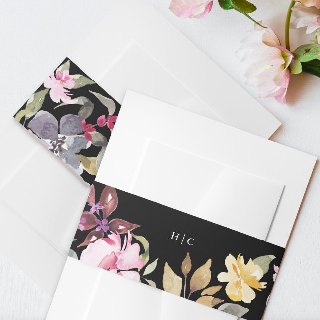 Black Elegant Watercolor Beautiful Wedding Invitation Belly Band (Creator Uploaded)