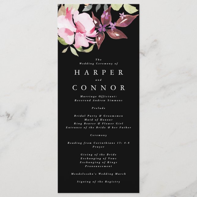 Black Elegant Watercolor Beautiful Wedding Programme (Front)