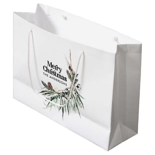 Black elegant watercolor botanical Christmas chic  Large Gift Bag (Front Angled)