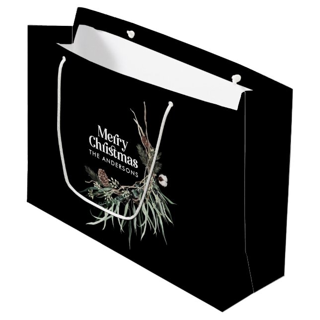 Black elegant watercolor botanical Christmas Large Gift Bag (Front Angled)