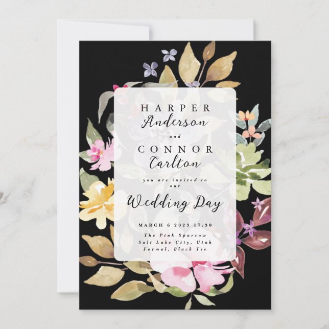 Black Elegant Watercolor Florals Wedding Invitation (Front)