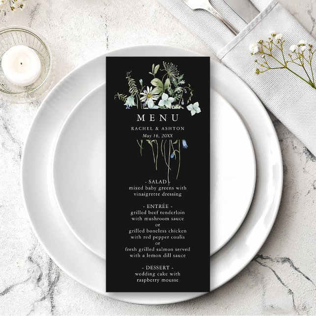 Black Elegant Watercolor Wildflower Wedding Menu (Creator Uploaded)