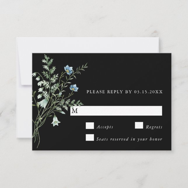 Black Elegant Watercolor Wildflowers Wedding RSVP Card (Front)