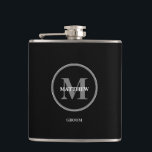 Black elegant Wedding Monogram GROOM Hip Flask<br><div class="desc">Personalised this flask with the monogram and name for the groom. Black and white,  classic,  simple and modern with an area to include your wedding date and special messageon the back. Easy to personalise and customise. Elegant and trendy black flask..</div>