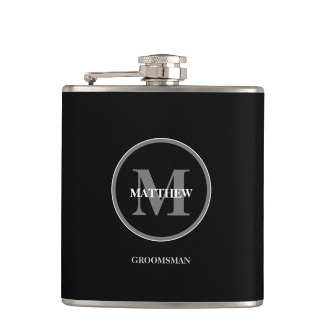 Black elegant Wedding Monogram Groomsman Hip Flask (Front)