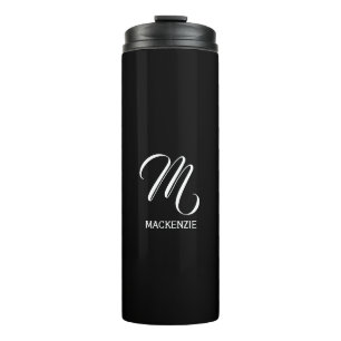 Black Elegant White Custom Monogram with Name Thermal Tumbler