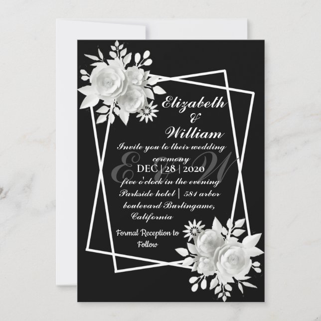 Black Elegant White Floral Wedding Invitation (Front)