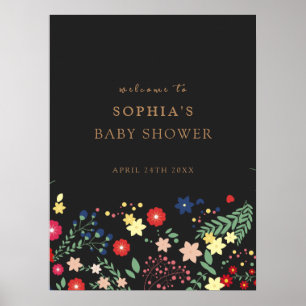 Black Elegant Wildflower Baby Shower Welcome Poster