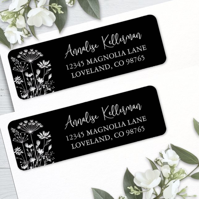 Black Elegant Wildflower Return Address (Black Elegant Wildflower Return Address Label )