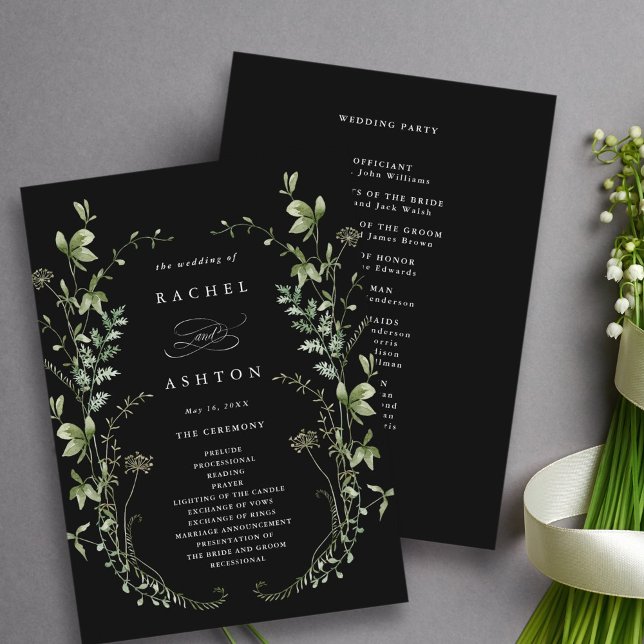 Black Elegant Wildflower Wedding Ceremony  Programme (Creator Uploaded)