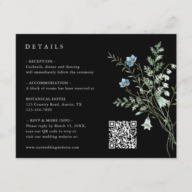 Black Elegant Wildflower Wedding Details  Enclosure Card (Front)