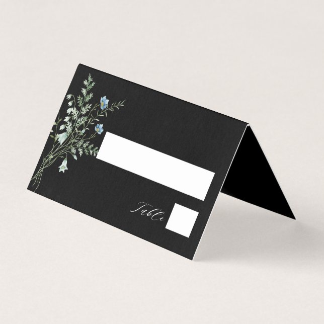 Black Elegant Wildflower Wedding Place Card (Front)