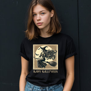 Black, Elegant Witch on Broom, Vintage Halloween T-Shirt