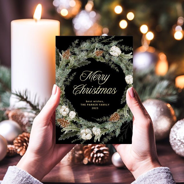 Black Elegant Wreath | Merry Christmas Gold Foil Holiday Card (An elegant, dark black holiday card with a Christmas wreath and real gold foil script)